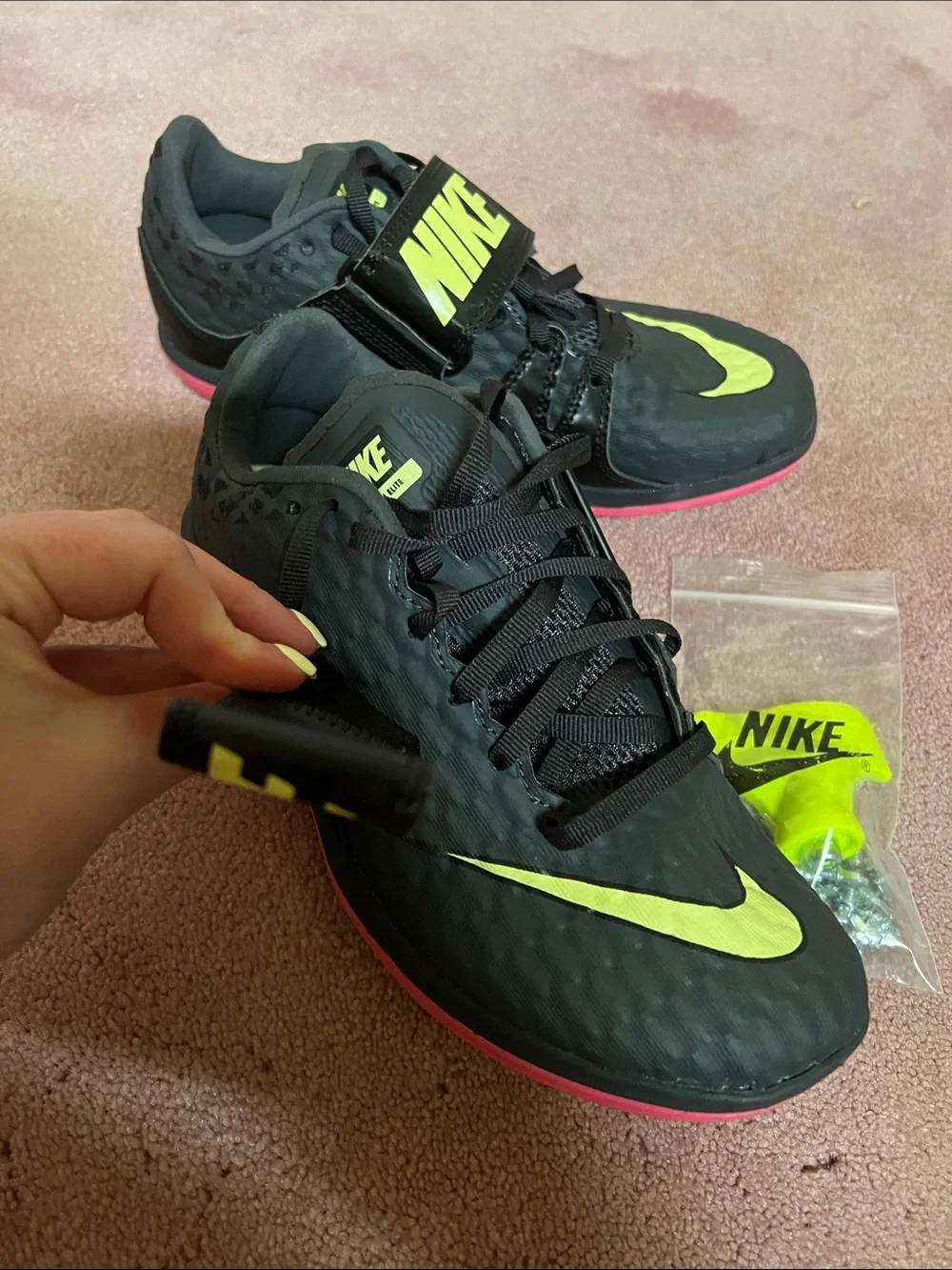 Nike Black Training Shoes with Yellow Swoosh and Pink Outsole with Spikes